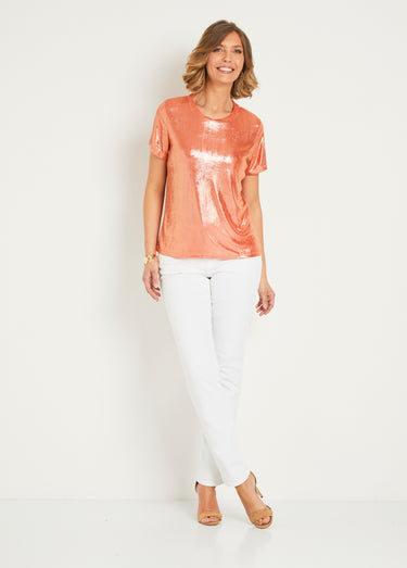 T-shirt irisé manches courtes col rond Abricot