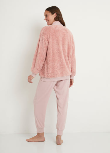 Pyjama uni chaud col V manches longues peluche Vieux Rose