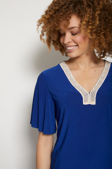 T-shirt court ample finition macramé Uni Bleu