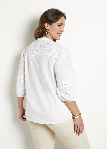 Chemisier long coton brodé manches 3/4 Blanc