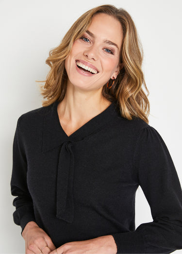 Pull fin col cravate mélange laine Noir