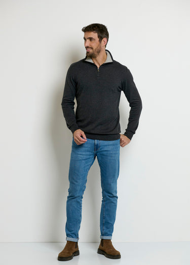 Pull col camionneur zippé contrastant Gris
