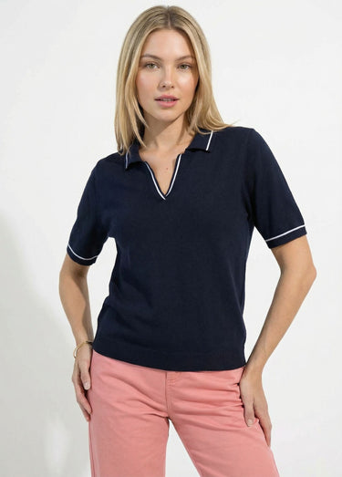 Pull fin col polo manches courtes Marine