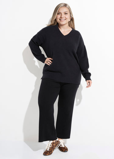 Pull tunique maille fantaisie, col V Noir