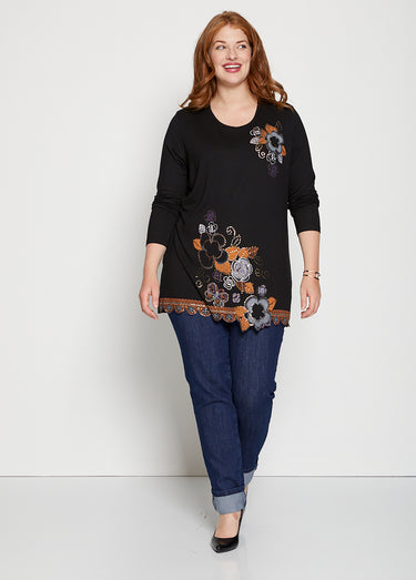 Tunique longue motif pailleté fleurs Noir