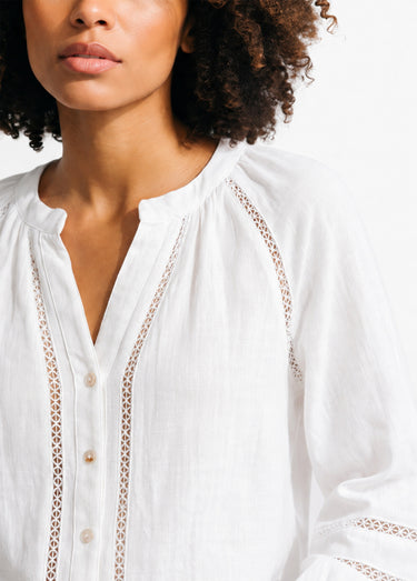 Tunique col V boutonnée, détails macramé Blanc
