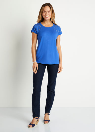 T-shirt long manches courtes uni Bleu