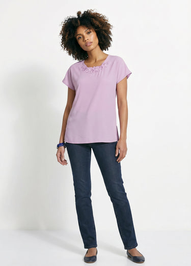 Top long manches courtes broderies col rond Lilas