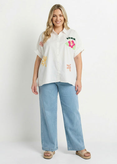 Chemisier uni, broderies thème Summer Blanc / Multicolore