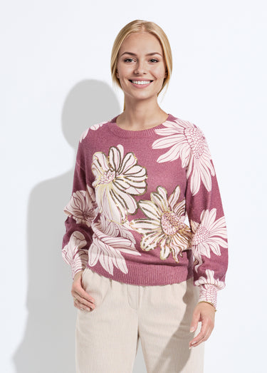 Pull fin imprimé fleurs sequins col rond Grenat
