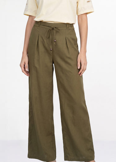 Pantalon large avec lin, style ethnique Kaki