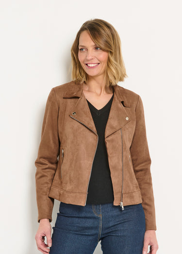 Veste motard zippée courte en suédine Camel