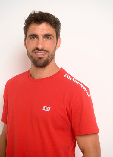 T-shirt col rond inscription épaule Rouge