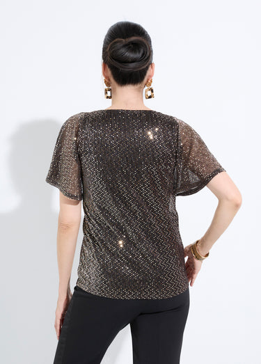 T-shirt pailleté col V manches courtes Noir/Dore