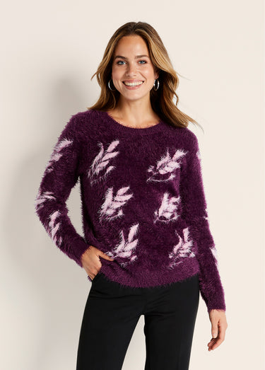 Pull jacquard maille poilue manches longues Cassis/Rose