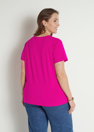 T-shirt col V ajouré brodé Fuchsia