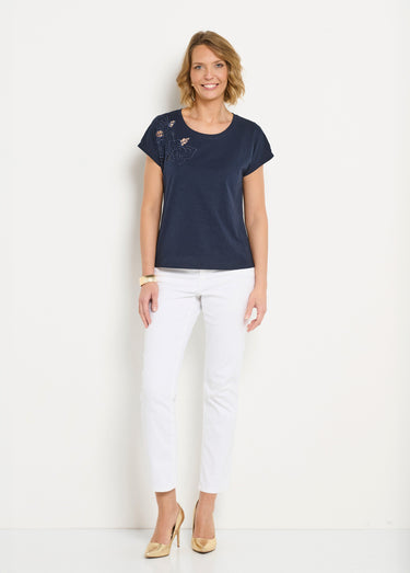 T-shirt brodé ajouré manches courtes Marine