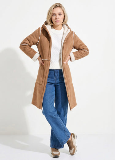 Manteau zippé à capuche effet peau lainée chaud Camel