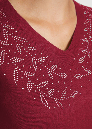 Pull col V strassé manches longues Bordeaux