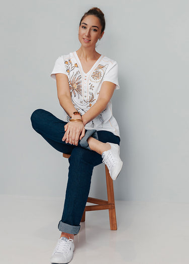 T-shirt motif floral avec broderies Naturel