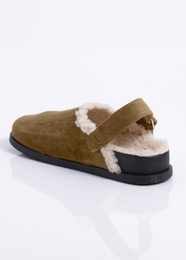 Mules fourrées en suédine, bride talon Kaki