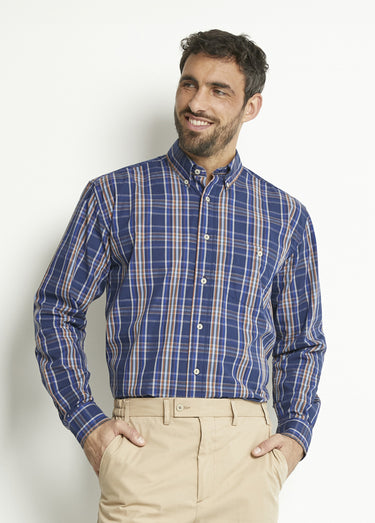 Chemise manches longues uni ou carreaux coton Carreaux Bleu