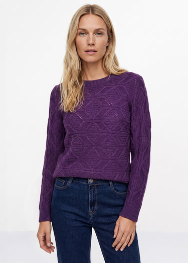 Pull tunique mi long uni col rond maille ajourée Violine