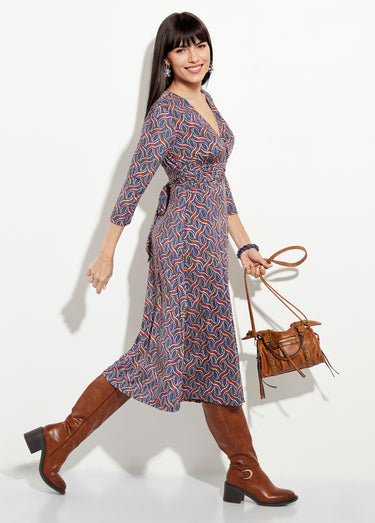 Robe fluide taille plissée motif ethnique Marine/Brique
