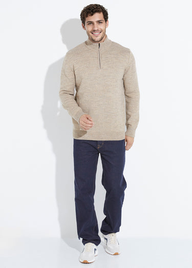Pull col zippé chaud, laine majoritaire Beige