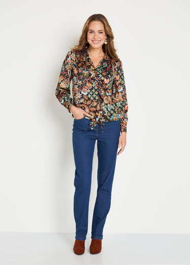 Chemisier blouson court imprimé col tailleur Noir / Marron