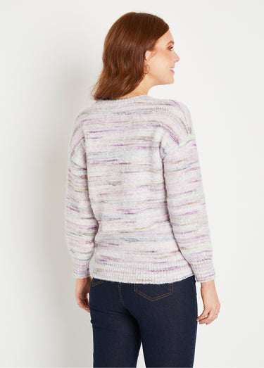 Pull chaud mouliné col rond avec laine Lilas/Ecru