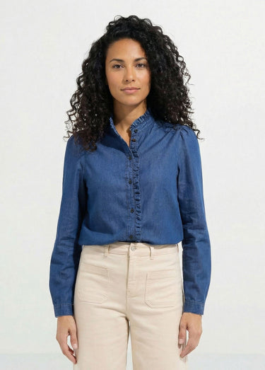 Chemisier col volanté en denim léger Bleu denim