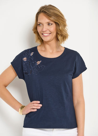 T-shirt brodé ajouré manches courtes Marine