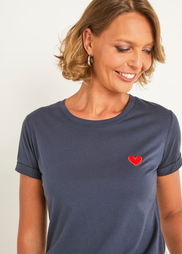 T-shirt col rond broderie coeur poitrine Marine