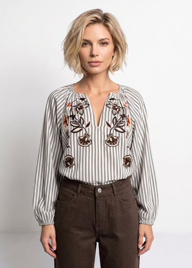 Blouse rayée col V, broderies fleurs Beige/Marron