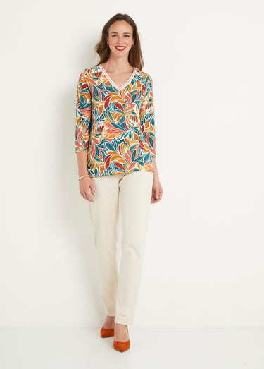 T-shirt court imprimé col V extensible Miel/Aqua