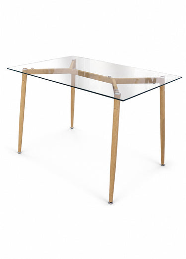 Table à manger plateau verre, pieds effet bois Blanc