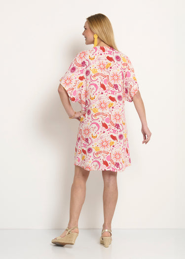 Robe courte col V liens à la taille Ecru/Rose