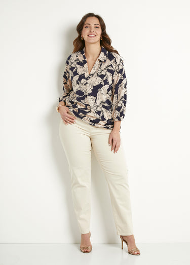 Tunique longue col chemise motif graphique Marine / Blanc