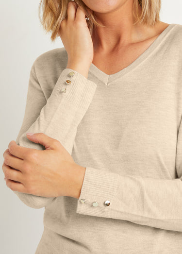 Pull fin col V jersey uni avec laine mérinos Ficelle