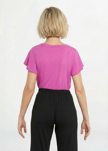 T-shirt col V jersey cotelé, Essentiel Fuchsia