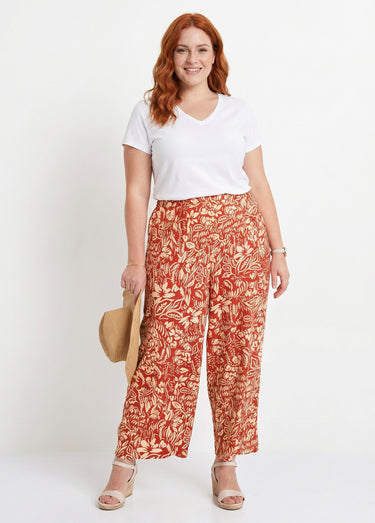 Pantalon large taille élastiquée fleuri ou uni Tomette/Ecru