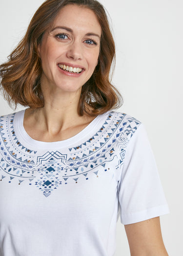 T-shirt manches courtes col motif clouté Blanc