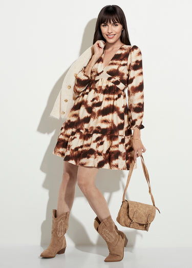 Robe volantée col V manches resserrées Marron/Beige