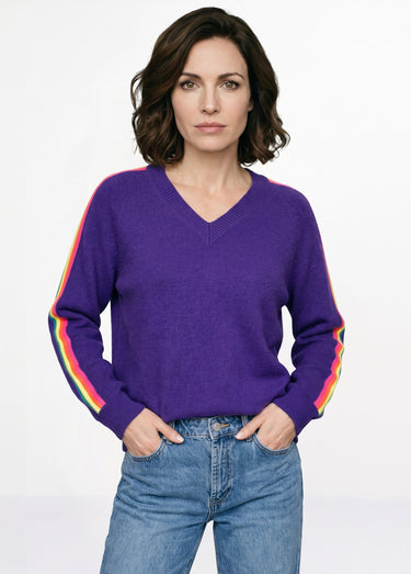 Pull col V manches lignes multicolores Violet