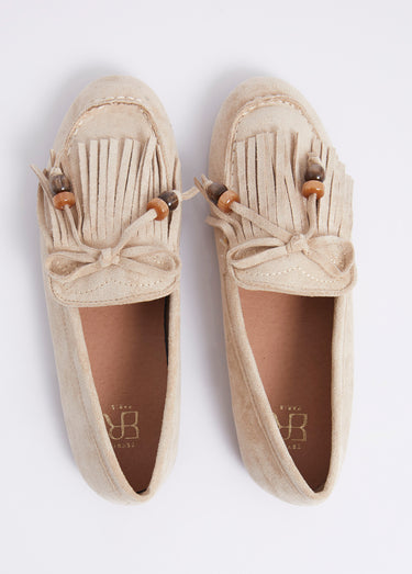 Mocassins plats, avec franges et perles Taupe