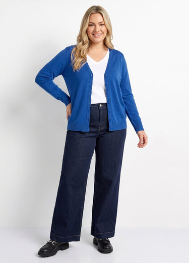 Gilet boutonné mi-long maille douce Bleu