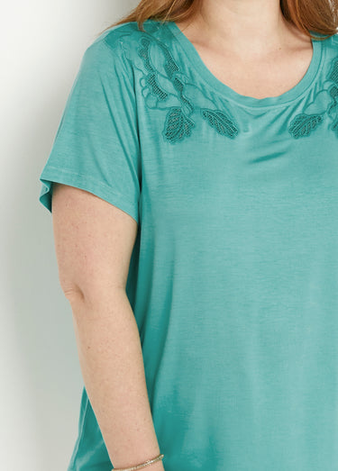 T-shirt coton brodé ajouré col rond Aqua