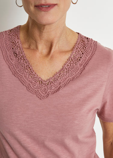 T-shirt manches courtes coton et macramé Rose