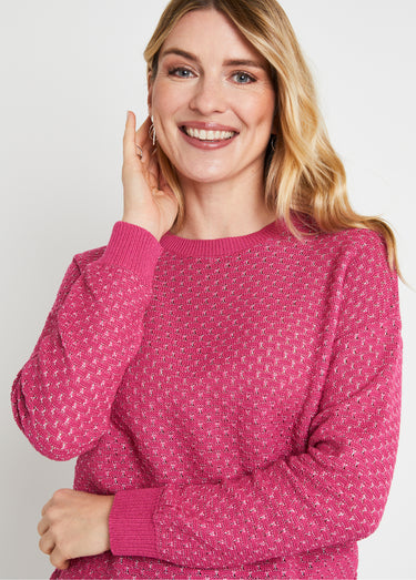 Pull doux brillant mélange coton col rond Fuchsia